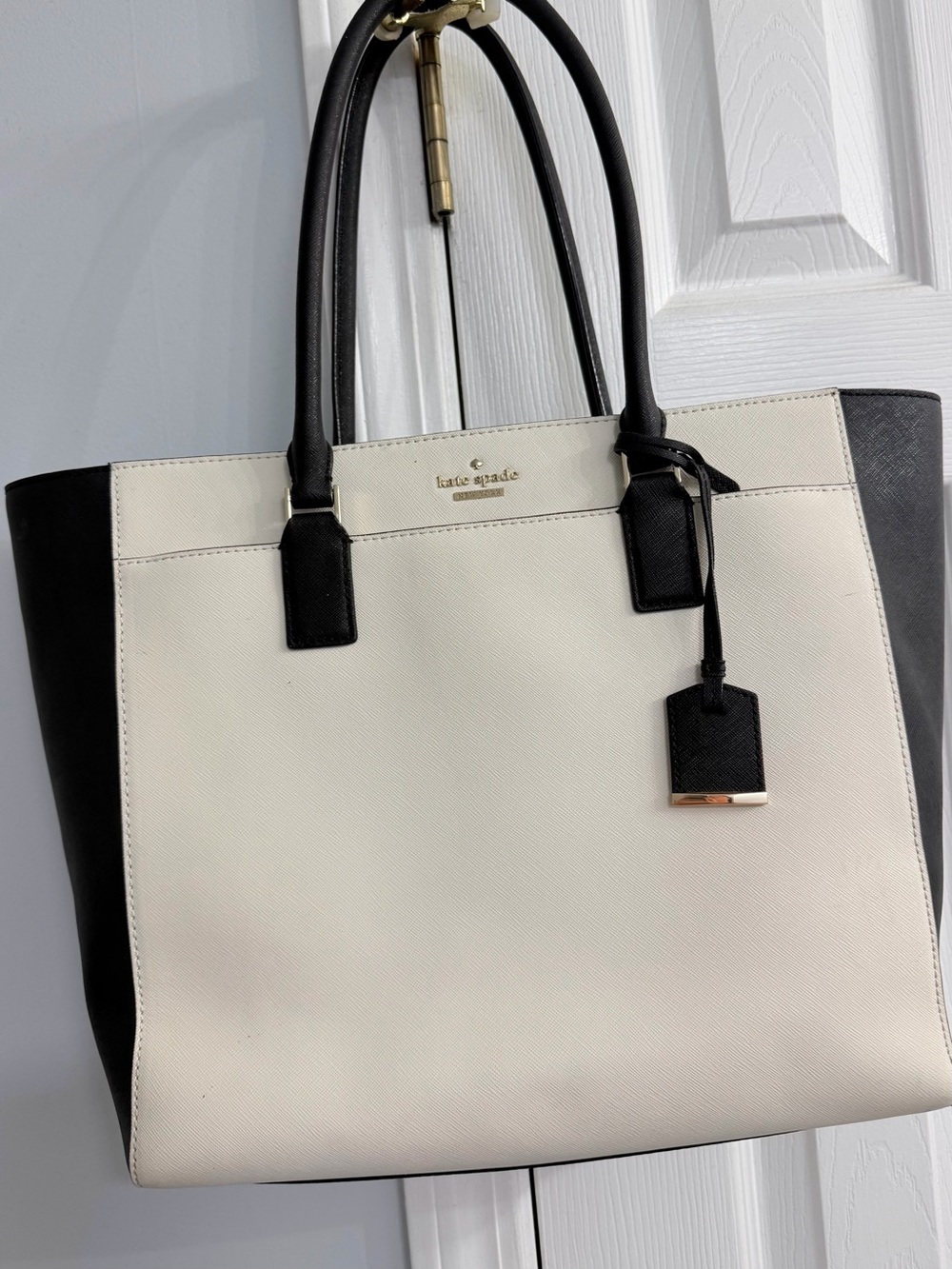 kate spade Black and Cream Colorblock Leather Laptop Tote